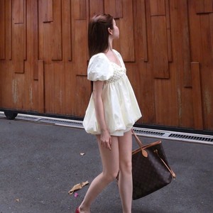 Robe Babydoll Blanche Unie à Manches Courtes et Col Carré, Style Doux, avec Short Intégré, Tissée, Respirante, Séchage Rapide, 100% Coton, Vente en Gros Usine - Product Image 4
