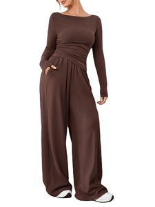 Custom Summer Women Flared Pants Shirt Set Clothing Set Fold Flared Pants and T Shirts Solid Pattern Two-Piece <b>Lounge</b> wear - Product Image 4