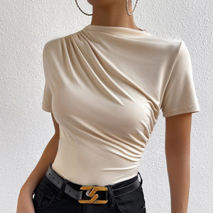 T-shirts pour femmes, mode décontractée, col rond, manches courtes, hauts pour enfants, respirants, couleur unie, plissés, t-shirts pour femmes - Product Image 5