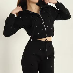 Women's Black Hooded Crop <b>Top</b> Tracksuit Set Rhinestone Detail Full Sleeve Zipper Casual Sportswear Solid Color Winter Quick Dry - Product Image 1