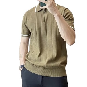 เสื้อโปโลผู้ชายผ้าฝ้ายเรียบแบบมีซิป สกรีนโลโก้ได้ เสื้อโปโลถักแบบครอปมีซิปสำหรับผู้ชาย - Product Image 1