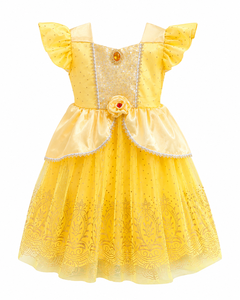 Robe de bal jaune pour filles, style princesse, avec tulle pailleté et satin fleuri |   Robe de fête de conte de fées - Product Image 1