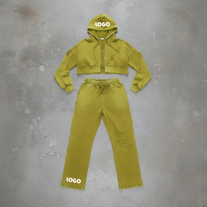 Acid Washed Women Tracksuit Custom Cotton French Terry Flare Sweatpants Hoodie 2 Pcs Set Heavyweights Oversized Sweat <b>Suit</b> - Product Image 5
