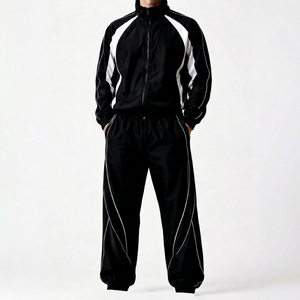 Conjunto Deportivo para Hombre, Negro y Blanco, Ecológico, Elástico en Cuatro Direcciones, Ligero, con Capucha y Cremallera Completa, Estilo Casual, Secado Rápido - Product Image 1