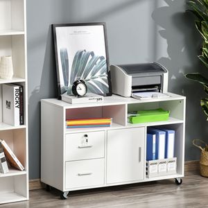 Mobiletto Organizzatore Bianco per Ufficio Domestico con Supporto Stampante, Ruote Girevoli e 2 Freni Bloccabili, Cassetto - Product Image 2