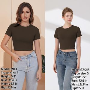 Women's Olive Green <b>Crop</b> <b>Top</b> Short Sleeve Crew Neck Knitted Casual T-Shirt Slim Fit Solid Color Breathable Spring Summer Wear - Product Image 4