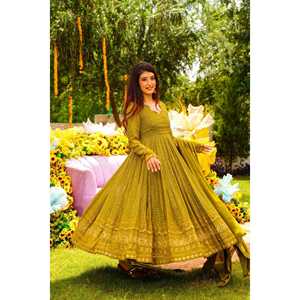 NUIT ASHLEY COULEUR Moutarde GEORGETTE ENSEMBLE DE COSTUME BRODÉ TD-120 - Product Image 5