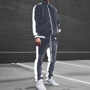 Men's Black Velour Tracksuit Full <b>Zip</b> Sporty <b>Jogger</b> Set With White Stripes Breathable Regular Fit Autumn Wear - Product Image 4