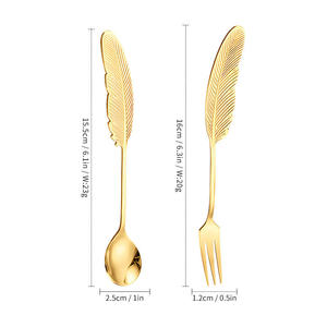 Stainless Steel Feather <b>Spoon</b> and Fork Set Colorful Mirror Finish Cocktail <b>Coffee</b> Stirring Tableware - Product Image 3
