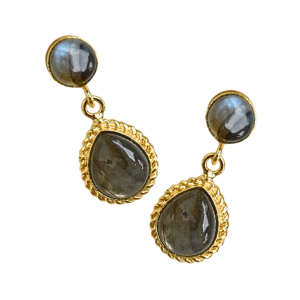 Boucles d'oreilles pendantes vintage plaquées or, style bohème et classique, avec pierre de labradorite naturelle en forme de fleur pour femme, mariage - Product Image 4