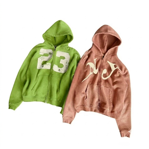 Vintage Full <b>Zip</b> Fleece Hoodie Distressed Embroidery Men's Pullover Retro Regular Fit Eco-Friendly Autumn Streetwear - Product Image 1