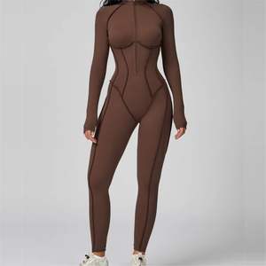 Combinaison de sport chic à fermeture éclair frontale, effet seconde peau, une pièce, dos nu, respirante, pour le yoga et le fitness, ensemble décontracté pour l'entraînement hivernal - Product Image 1