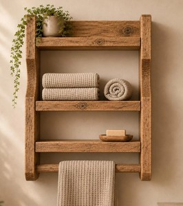 Étagère murale en bois pour salle de bain à 3 niveaux avec barre porte-serviettes, design scandinave, unité de rangement gain de place - Product Image 2