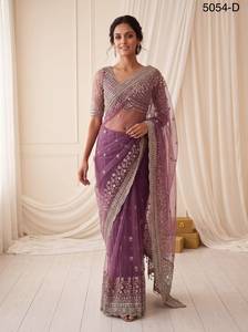 Sari en filet haut de gamme, Sari en filet brodé, Bordure richement découpée, Broderie au fil de coton, Sari avec travail de perles, Sari avec travail de paillettes - Product Image 2