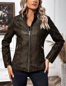 Chaqueta de moto de cuero PU para mujer, ligera, con cuello alto y cremallera, proveedor al por mayor - Product Image 4