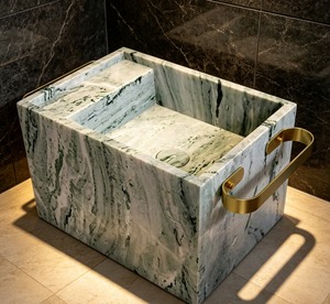 Lavabo Rectangular Independiente de Mármol con Diseño de Vetas Verdes Pulidas, Manijas de Latón, Lavabo de Baño de Estilo Contemporáneo - Product Image 1