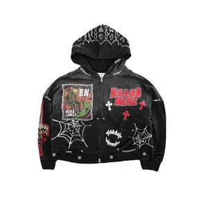 Sudadera con capucha para hombre, de invierno, transpirable, estilo vintage, con hombros caídos, bordado de parches desgastados, con cordón, con pedrería de diamante, al por mayor - Product Image 3