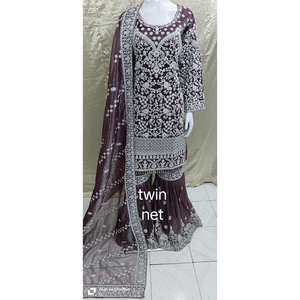 Nouveaux ensembles Gharara Sharara de style indien et pakistanais, richement brodés, en tissu double filet, pour femmes, tenues de soirée à prix abordable - Product Image 1