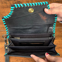 Dompet Kulit Sapi Asli Berkualitas Tinggi Desainer, Dompet Kulit Vintage Turquoise dengan Ukiran Tangan, Dompet Kartu Kulit Asli dengan Tali Pergelangan Tangan