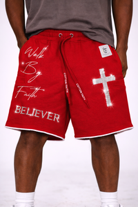 Nouvelle Arrivée Shorts en Coton Rouge pour Hommes, Service OEM, Vente en Gros, Personnalisés avec Motif Jésus, Effet Vieilli, Strass et Délavage Acide, Marque Privée - Product Image 2