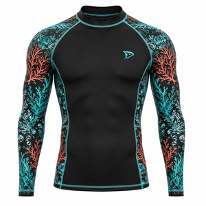 Men's Full Sleeve Rash Guard Swim <b>Shirt</b> Raised Rubber Print Polyester/Nylon Black/Teal/Coral Colors Anti-UV Protection - Product Image 1