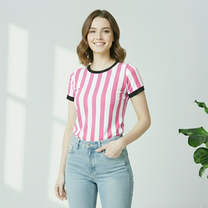 Chemise rose à rayures blanches pour femmes, produit tendance dans l'industrie du vêtement féminin, t-shirt en coton pour femmes, logo personnalisé - Product Image 4