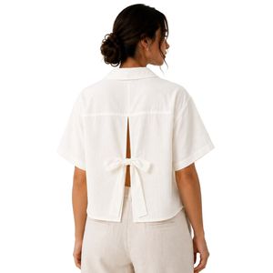 Camisa Corta Blanca Bordada Personalizada para Mujer, Blusa Casual de Verano con Botones y Manga Corta, Top de Moda con Logotipo Personalizado en Mezcla de Lino - Product Image 2