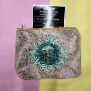 Pochette à monnaie perlée faite main motif soleil, mini portefeuille zippé, pochette bohème, sac à maquillage vintage en coton, porte-monnaie - Product Image 1