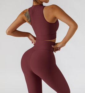 Ensemble de sport côtelé pour femme, legging taille haute et brassière de sport zippée, deux pièces sans couture, pour yoga, gym et fitness - Product Image 4