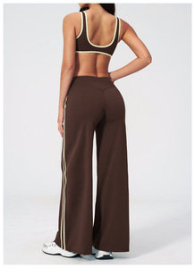 Custom Brown 2 Piece Yoga Set Spaghetti Strap <b>Crop</b> <b>Top</b> High Waist Flared Pants Contrast Binding Breathable Spandex Polyester - Product Image 6