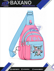 กระเป๋าเป้สะพายข้างแบบสั่งทำสีชมพูฟ้า Gamma Phi Delta สำหรับผู้หญิง กระเป๋าคาดอกแบบสะพายไหล่ หลายช่องใส่ของ ทำจากหนัง PU สายสะพายไหล่ - Product Image 4