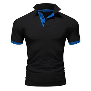 Men's <b>Black</b> Solid Knitted Short Sleeve <b>Polo</b> <b>Shirt</b> With Blue Trim Casual Style Low MOQ Men's <b>Polo</b> <b>Shirts</b> - Product Image 1