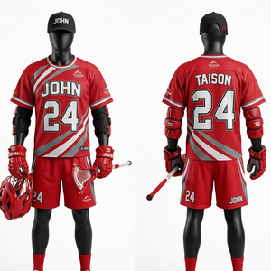 Ensemble d'uniformes de lacrosse en polyester 180 GSM de qualité supérieure, design à panneaux rouge et gris, maille respirante, logo personnalisé par sublimation - Product Image 1