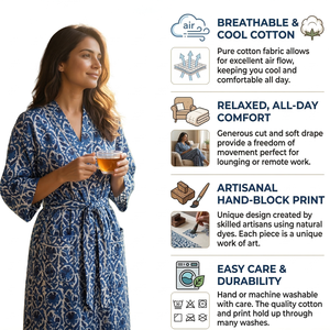 Robe kimono en coton bleu et blanc à fleurs pour femme, coupe ample, vêtement de détente, peignoir, col en V, ceinture, tenue décontractée d'été - Product Image 5