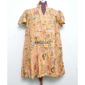 Indian Cotton Short Length Summer <b>Dress</b> Women Customizable Flower Printed Party Wear Natural Waistline Modern Washable - Product Image 2