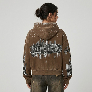 Custom <b>Men's</b> Brown Zip-Up <b>Hoodie</b> With <b>City</b> Print Oversized Streetwear Sweatshirt Regular Fit French Terry Material For Unisex - Product Image 5