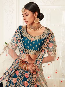 Blue Modern A-Line Satin Floral Embroidered Lehenga Choli Set with <b>Sequin</b> and Zari for Women's Empire Waist Wedding Dress - Product Image 6