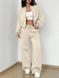 Conjunto de 2 Piezas para Mujer, Sudadera Corta y Pantalones, Color Sólido, Felpa, Corte Holgado, Ropa Deportiva Informal, Pantalones Largos con Cordón Ajustable - Product Image 5