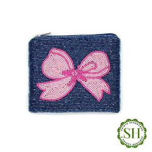Saints <b>Headbands</b> Preppy Boutique Green Beaded Purse With Pink <b>Bow</b> Handmade Rectangular Zipper Wallet - Product Image 3