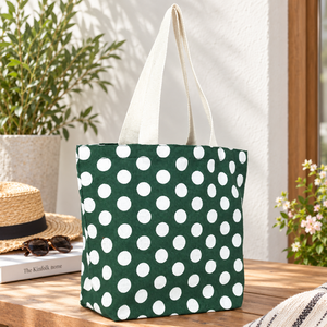 Sac de plage en jute teinté vert à pois, non laminé, 42 x 32 x 14 cm, poignées en ruban de coton de 60 cm, logo personnalisé, vente en gros, OEM - Product Image 5