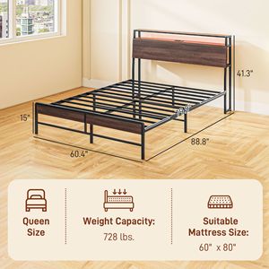 <b>Queen</b> <b>Size</b> Walnut Platform <b>Bed</b> Frame with LED Lights Charging Station Noise Free Headboard with Storage - Product Image 3