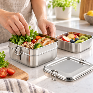 Boîte à lunch carrée en acier inoxydable, conteneur alimentaire anti-fuite avec couvercle pour l'école et le bureau - Product Image 5
