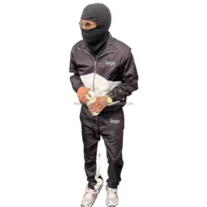 Ensemble deux pièces écologique avec logo personnalisé OEM pour hommes Veste en nylon solide, coupe-vent et respirante Pantalon de survêtement évasé Pantalon de jogging Plus - Product Image 1