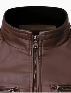TRIBON SPORTS <b>Men's</b> Brown Cowhide <b>Leather</b> Bomber <b>Jacket</b> Stand Collar Zipper Closure Slim Fit Regular Sleeve Solid Color Winter - Product Image 6