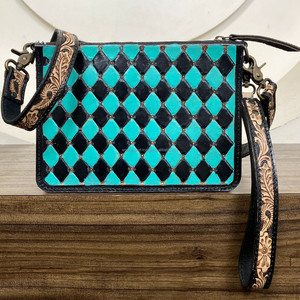 Bolso de mano de cuero de vaca con diseño personalizado de alta calidad, bolso de mano para mujer, espalda a cuadros negra y turquesa - Product Image 5