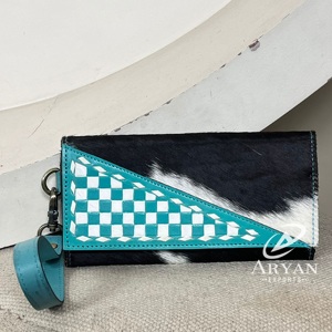 กระเป๋าคลัทช์หนังแท้ลายตารางสีเทอร์ควอยซ์และขาวสุดหรูสำหรับผู้หญิง พร้อมช่องใส่บัตรและเงินสด ใช้ได้ทุกวัน ขายดี - Product Image 1