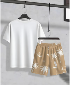 T-shirt d'été pour homme, blanc, imprimé voilier et palmiers, col rond, décontracté, respirant, tricoté, 100% coton, impression numérique, logo frontal - Product Image 2