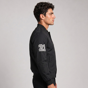 Chaqueta Varsity Negra para Hombre, con Parche de la Letra L, Corte Regular, Estilo Casual para Otoño, Cuello Alto, Cierre de Botones, Material de Poliéster - Product Image 3
