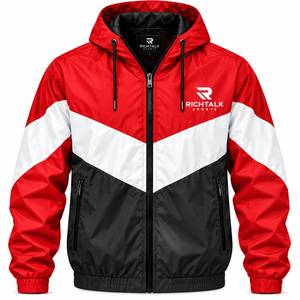 Blouson bomber à capuche pour homme, coupe-vent, color block, fermeture éclair frontale, rouge, blanc, bleu, style sportif automne - Product Image 5