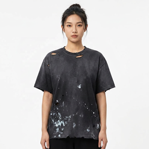 T-shirt noir surdimensionné pour homme, motif peint à la main, style streetwear, col rond, manches courtes, en coton tricoté - Product Image 2